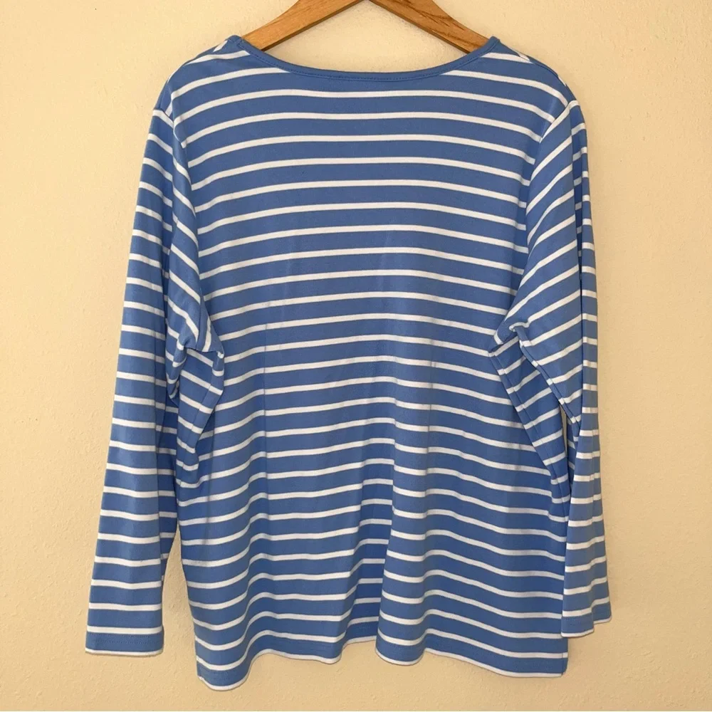 Quacker Factory Long Sleeve‎ Top Size 1X Sequin Snowflake Blue Striped Holiday